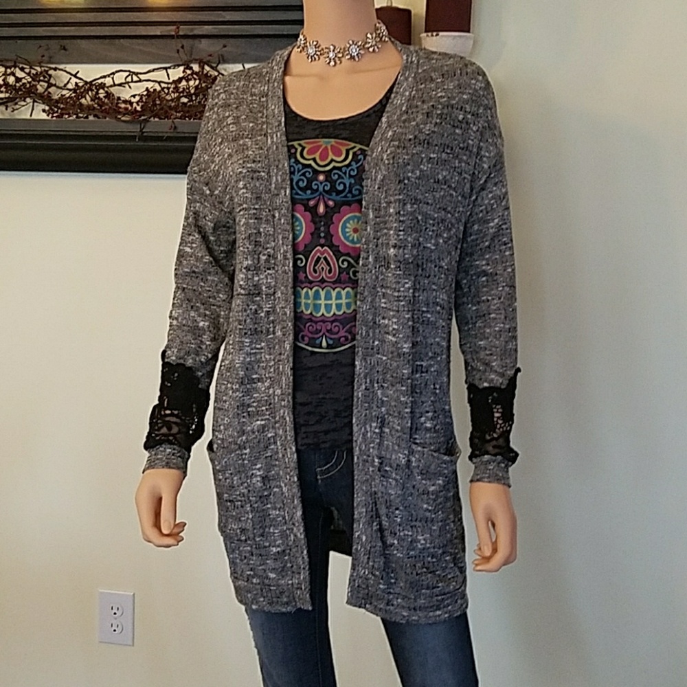 Chloe K Gray Cardigan with Black Lace Accents